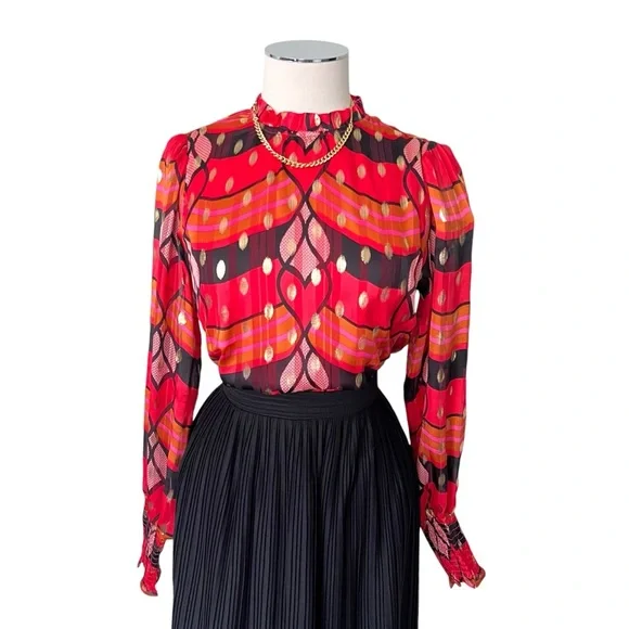 New JOIE Multicolored Ruffle Mandarin Collar Puff Sleeve Blouse Gold Accent Sz M - Picture 12 of 12